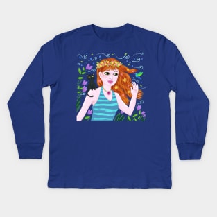 The cat, the hummingbird, and the pretty girl Kids Long Sleeve T-Shirt